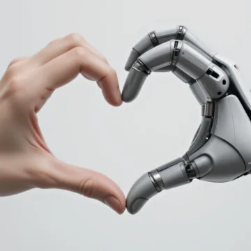 Menschliche Hand und Roboterhand bilden ein Herz als Symbol für Kooperation