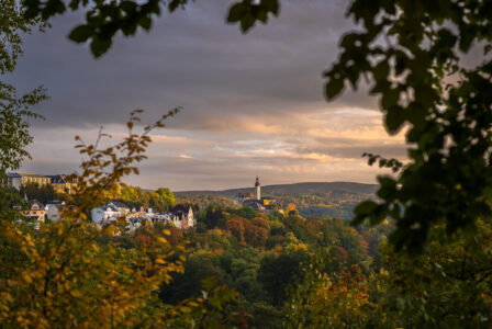 Landschaftsaufnahme eines Dorfes inmitten von grünen und herbstlichen Bäumen bei Sonnenuntergang