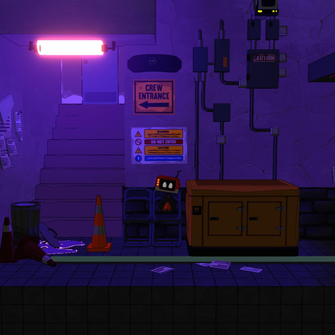 Ein Screenshot einer virtuellen Lernumgebung zeigt einen dunklen Raum mit einer Werkbank auf der verschiedene Werkzeuge und Utensilien liegen.