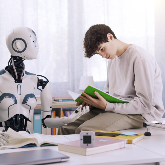 Künstliche Intelligenz als Lernpartner Ein junger Mann sitzt in einem modernen Lernumfeld neben einem humanoiden Roboter. Beide betrachten gemeinsam ein Buch – symbolisch für KI als Lernpartner.