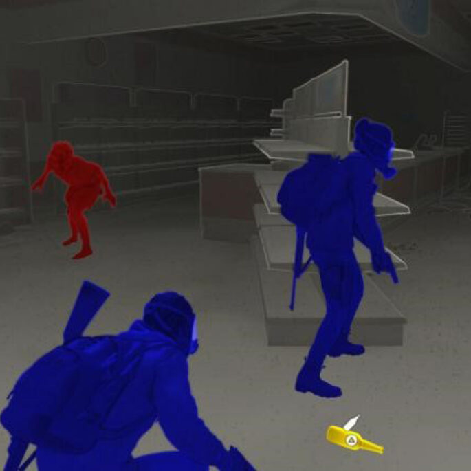 Ein Screenshot aus einer virtuellen Welt oder einem Computerspiel zeigt drei Personen. Zwei von ihnen sind komplett blau, eine andere ist komplett rot. Sie stehen/bewegen sich in einem grauen, dunklen Raum.