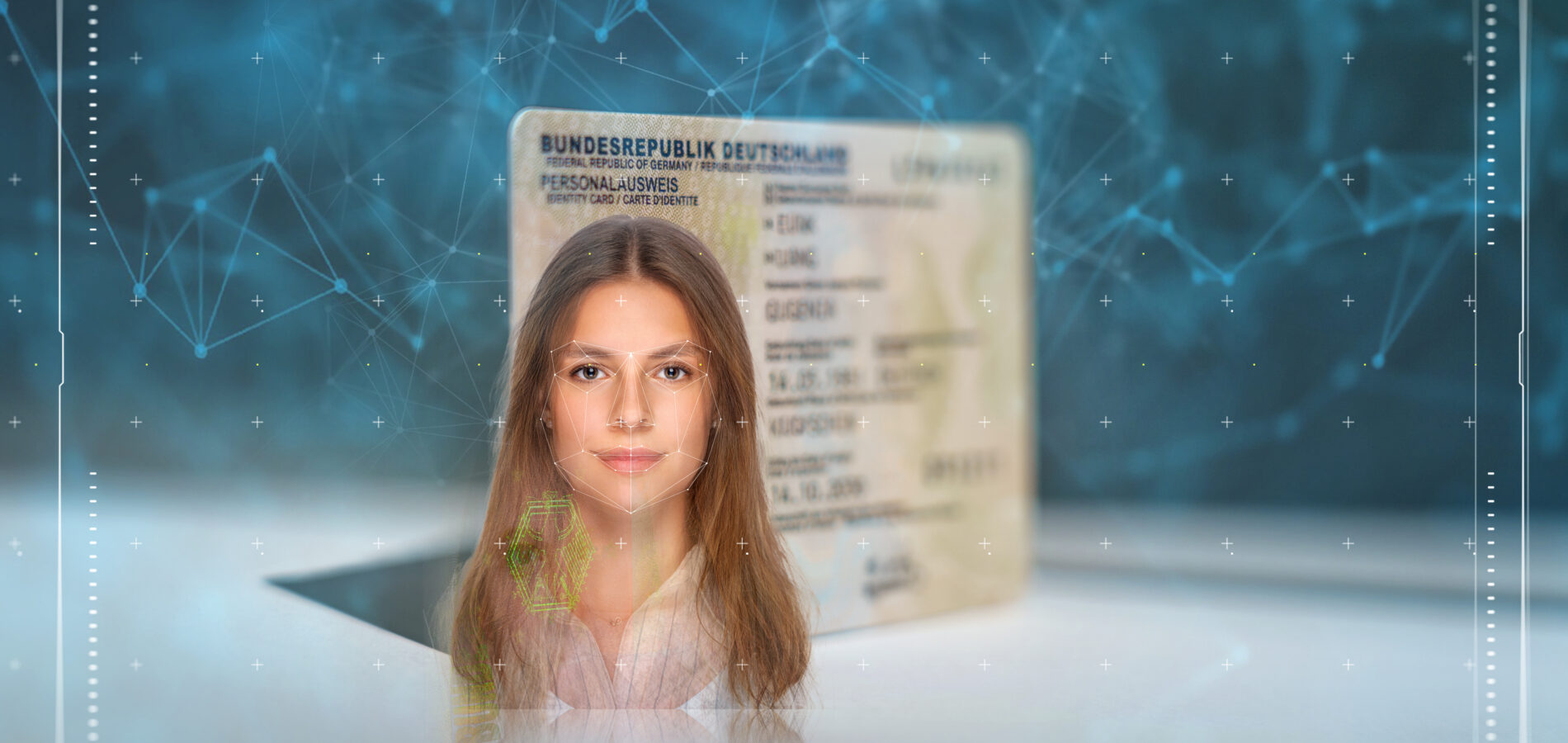 Digital dargestelltes Passfoto vor einem Personalausweis