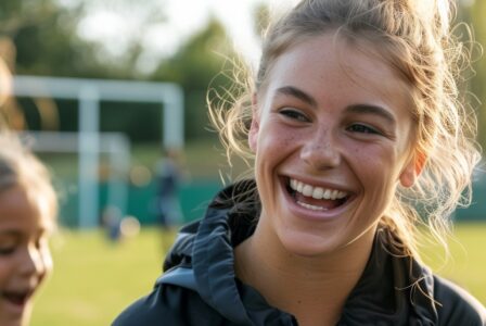 Junge Frau mit Pferdeschwanz lacht, im Hintergrund Sportplatz mit Kindern
