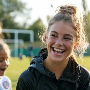 Junge Frau mit Pferdeschwanz lacht, im Hintergrund Sportplatz mit Kindern