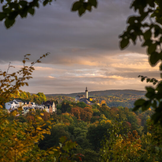 Landschaftsaufnahme eines Dorfes inmitten von grünen und herbstlichen Bäumen bei Sonnenuntergang