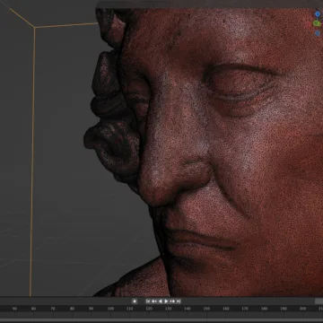 3D-Rendering eines antiken Gesichts, das in einer Softwareoberfläche auf einem Bildschirm angezeigt wird