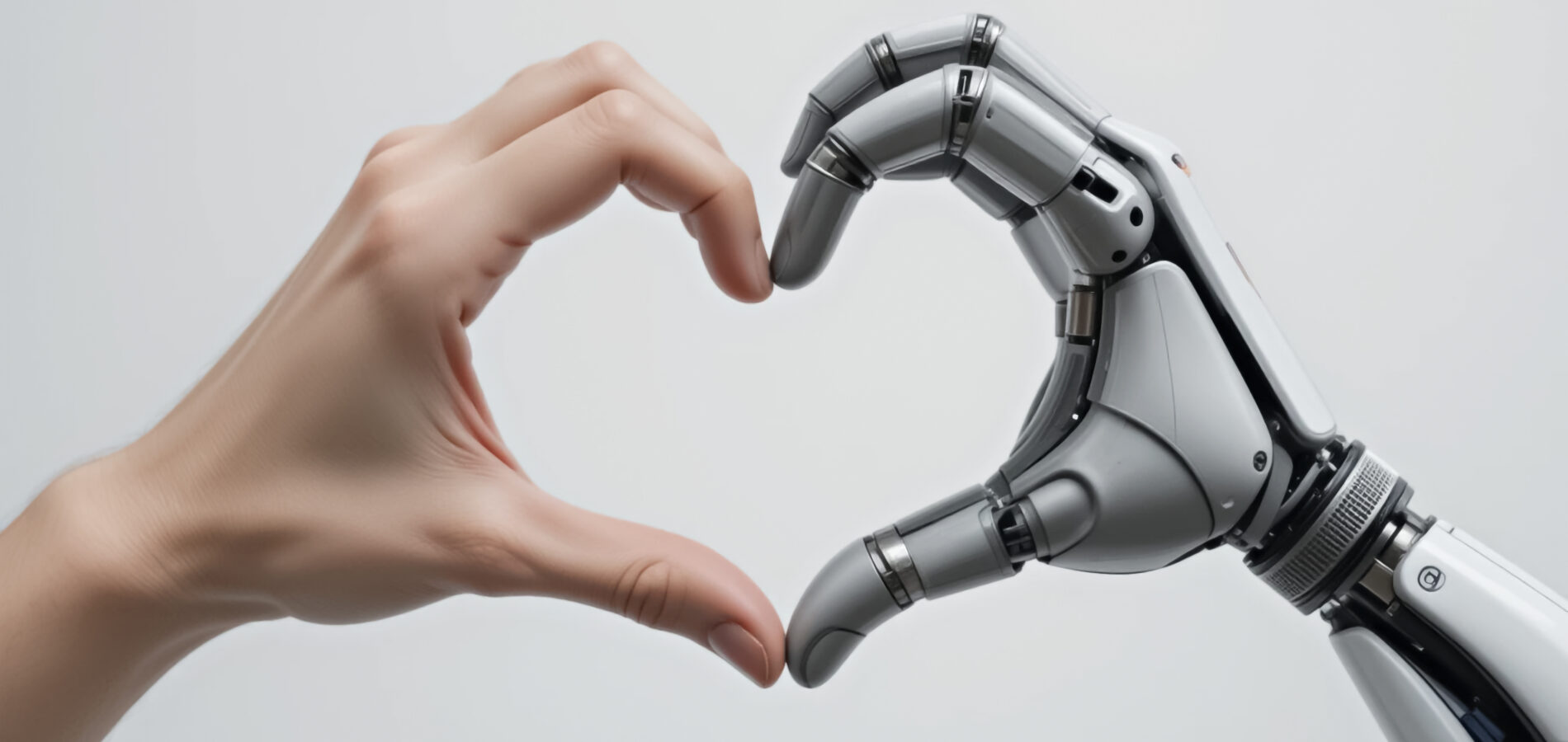 Menschliche Hand und Roboterhand bilden ein Herz als Symbol für Kooperation