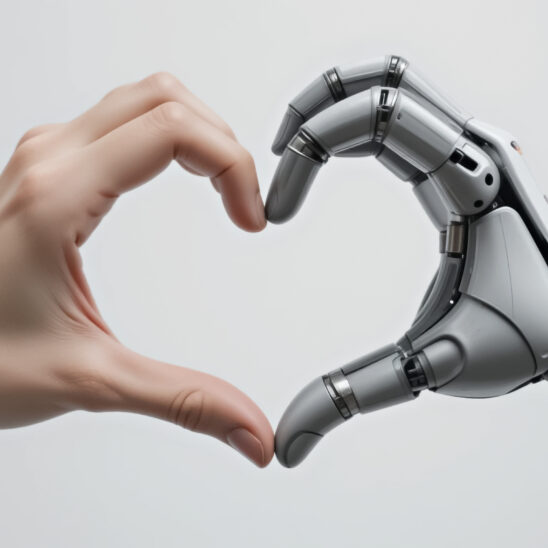 Menschliche Hand und Roboterhand bilden ein Herz als Symbol für Kooperation