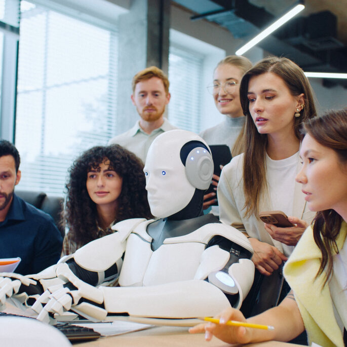 Menschengruppe arbeitet gemeinsam mit einem humanoiden Roboter an einem Computer in einem modernen Büro