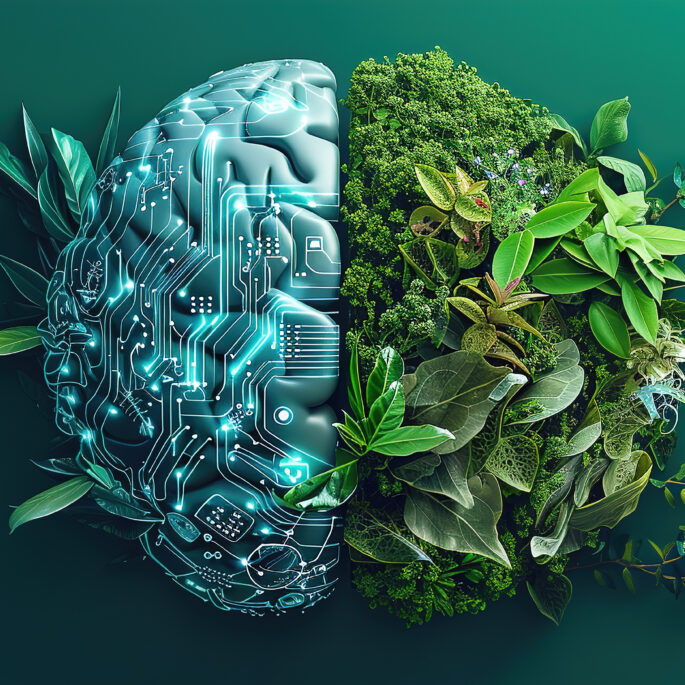 Symbolbild, das die Verbindung von Künstlicher Intelligenz und Nachhaltigkeit darstellt, mit einer Hälfte Gehirn in digitaler Technik und der anderen Hälfte aus grünen Pflanzen