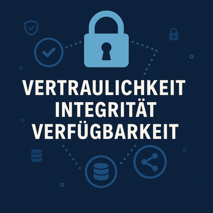 Grafik mit einem Schloss-Symbol und den Wörtern "Vertraulichkeit, Integrität, Verfügbarkeit", umgeben von kleinen Symbolen wie Datenbank, Häkchen und Teilen
